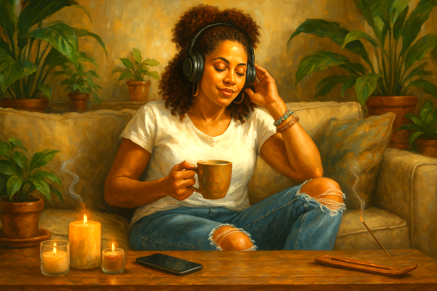 woman sitting listening to headphones